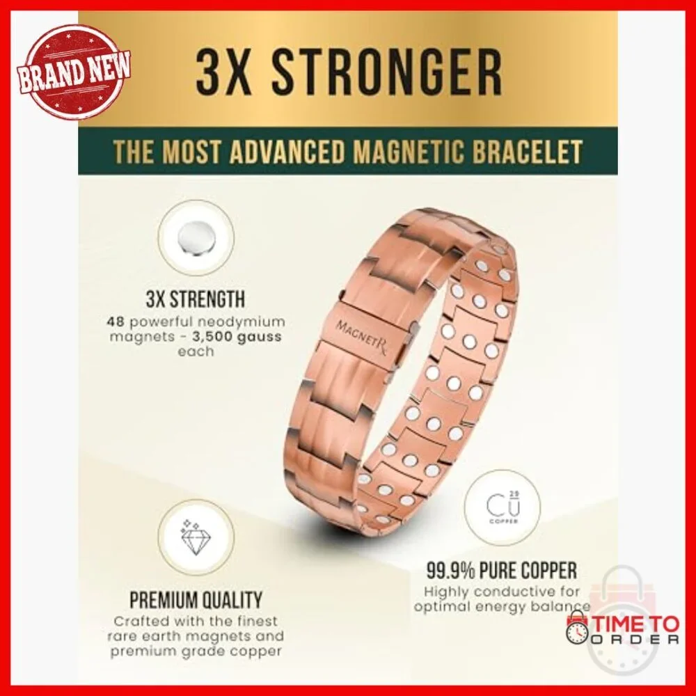 Adjustable Copper Bracelet with Magnets, Fold-Over Clasp, Sizing Tool